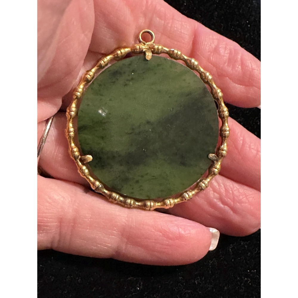 Round Jade Pendant 12k GF Bamboo Setting 1.75"
